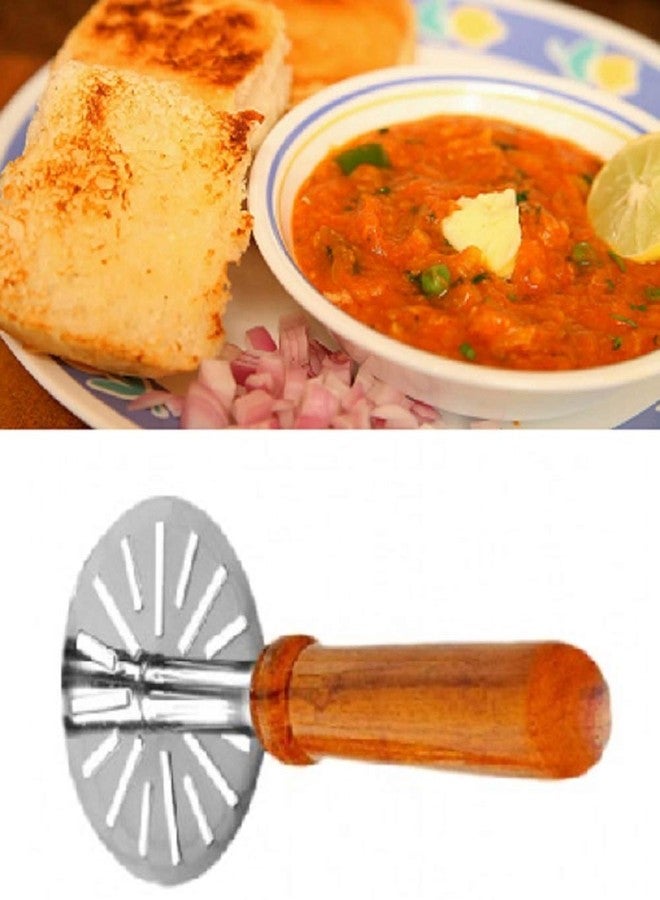 N M Z Potato Vegetable & Pav Bhaji Masher with Wooden Handle Silver & WoodenColor - Image 2